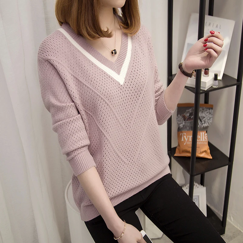 

Spring Autumn Womens Sweater Slim Warm Pullovers Sexy Hollow Sweaters Women Loose Knitted Female V-neck Small Fresh Sweater