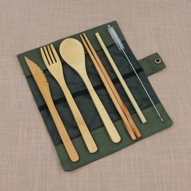6 шт./компл. деревянные тарелки бамбуковые шампуры ножи суп чайная ложка набор столовых приборов с тканевой сумкой кухонные инструменты для приготовления пищи для путешествий