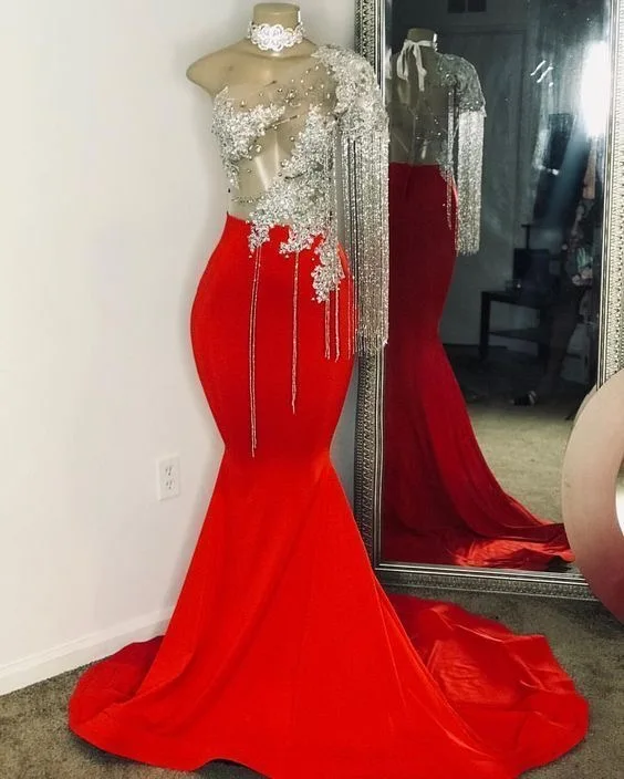 

Red One Shoulder Long Mermaid Prom Dresses New Tassel Sweep Strain Applique Beading Formal Evening Dress Party Gowns
