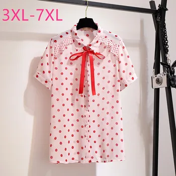 

2020 summer plus size tops for women large blouse loose casual short sleeve lapel print dot chiffon shirt pink 4XL 5XL 6XL 7XL