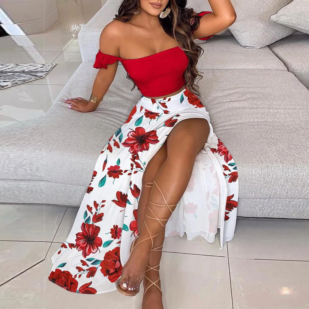 Conjuntos de Vestido largo con estampado de hojas de rosa para mujer, Tops sexys con hombros descubiertos y traje de falda dividida, conjunto de dos piezas para mujeres 2021