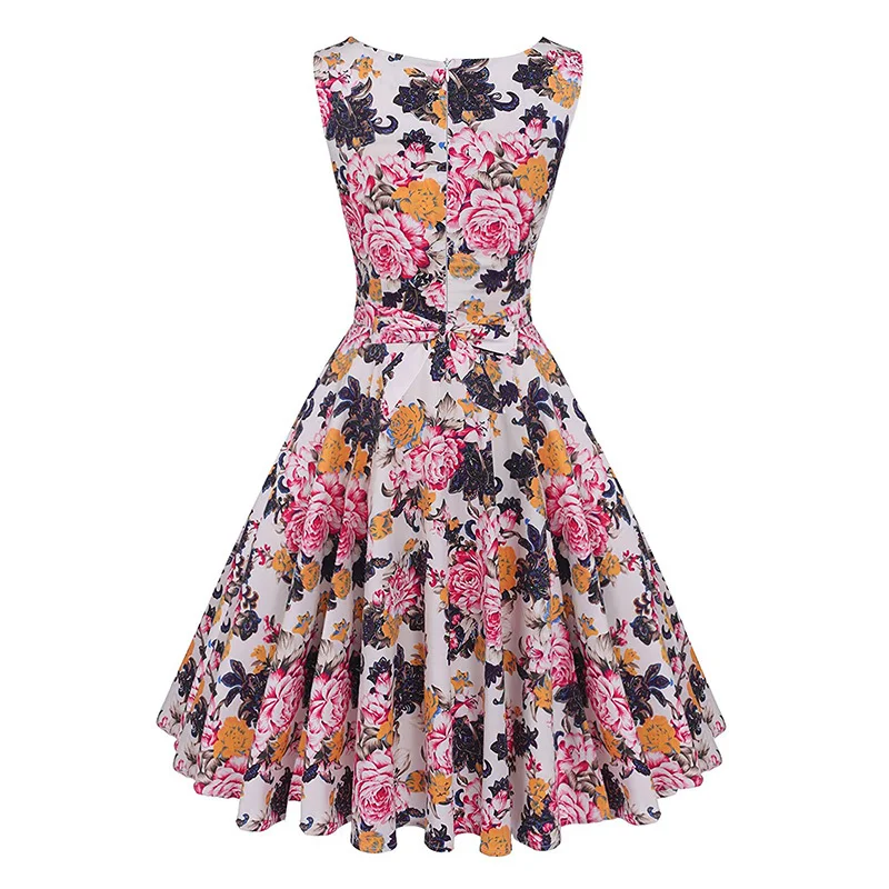 Kostlish Cotton Summer Dress Women 2017 Sleeveless Tunic 50s Vintage Dress Belt Elegant Print Rockabilly Party Dresses Sundress (59)
