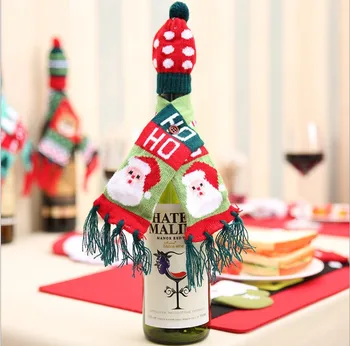 

New Christmas Bottle Decoration Scarf&Hat Knitted Red Wine Bottle Kit Santa Claus Snowman Elk Hat For Wedding Party Table Decor