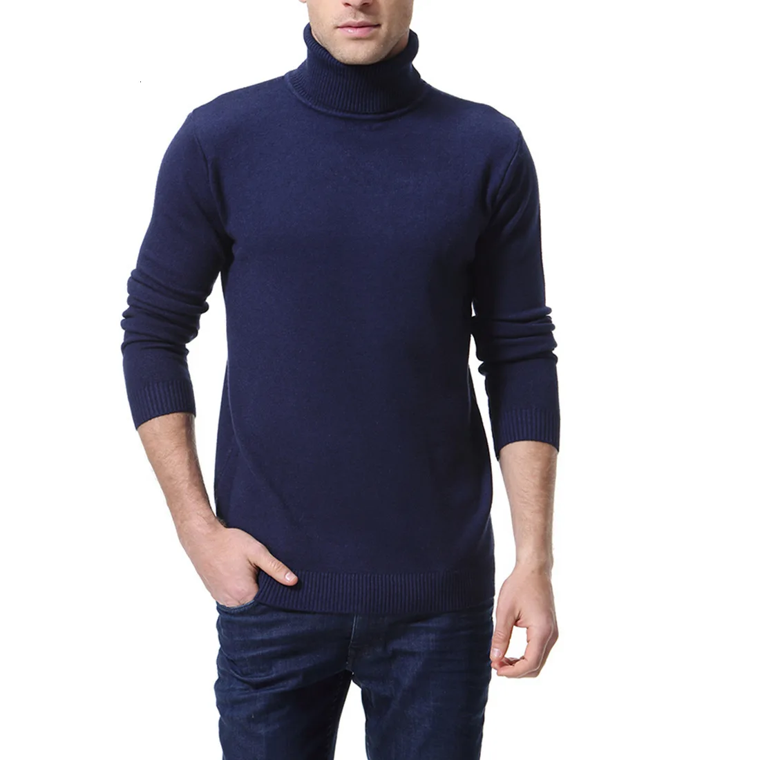 navyblue Новинка, Осень-зима, модная брендовая одежда, мужские свитера, теплый облегающий Мужской пуловер с высоким воротом, хлопок, вязаный мужской свитер - Цвет: navyblue