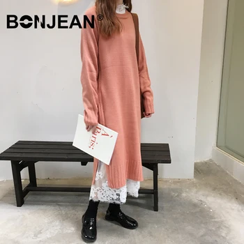 

Sweater Dress Women Gray Pink Pullover Elegant Jumpers Ladies Long Sweater Knitted Top Woman Clothes Winter Tops Z603