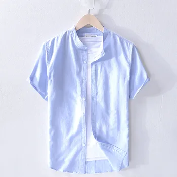 

2020 Men Stand Collar Casual Cotton Linen Short Sleeve Shirt Teenager Classic Workwear Summer Thin New Style Breathable Shirt