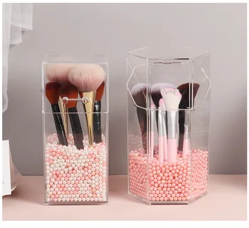 

Brush set cosmetic box hexagon table organizer acrylic dust proof cosmetic storage women makeup tools organizer