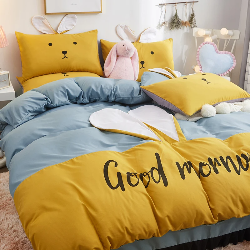 Милый Домашний Комплект постельного белья с рисунком руббит, постельное белье, пододеяльник, плоский лист, Комплект постельного белья, полный комплект постельного белья для детской комнаты - Цвет: B-light blue yellow
