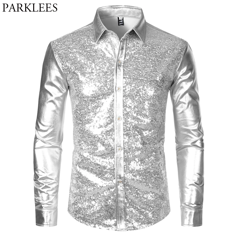 Kopen Zilver Metallic Pailletten Glitter Shirt Mannen 2019 Nieuwe 70 s Disco Party Halloween Kostuum Chemise Homme Stage Performance Overhemd Mannelijke