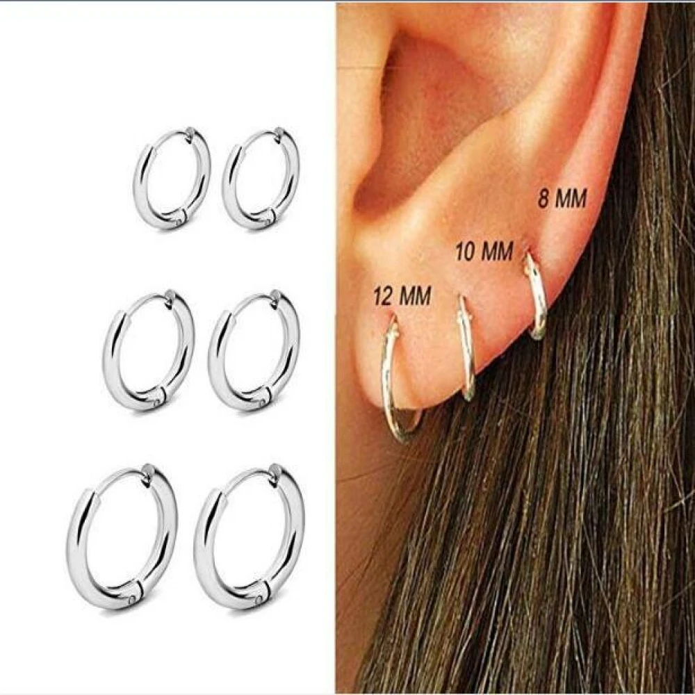 

6PCS Titanium Steel Stainless Steel Simple Round Earrings Smooth Coil Earrings Silver Circle Round Hoop Women Men Ear Ring New