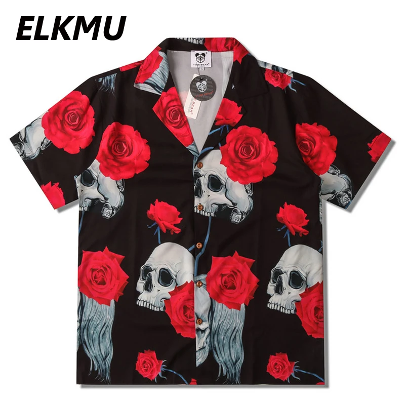 Уличная одежда ELKMU в стиле хип-хоп рубашка с принтом черепа и роз мужская летняя