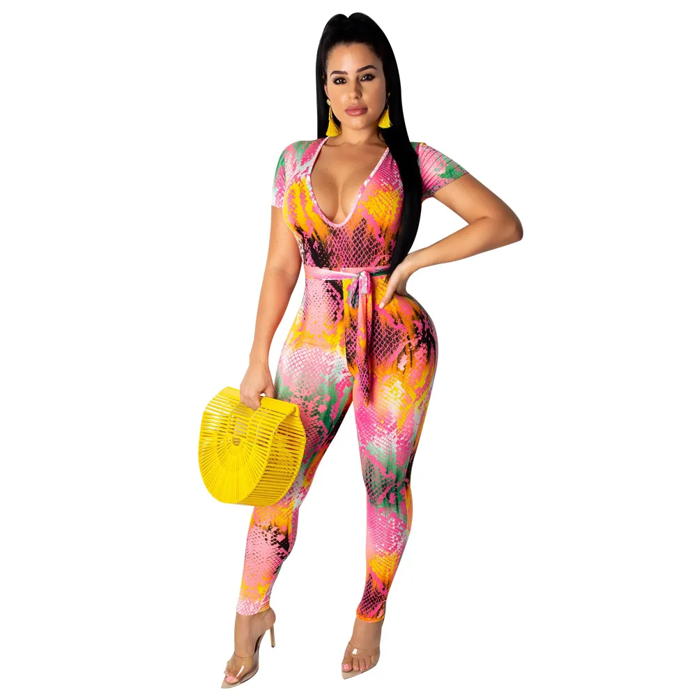 

Adogirl deep v neck short sleeve print skinny jumpsuits high elastic serpentine pattern colorful bodysuits slim club suits
