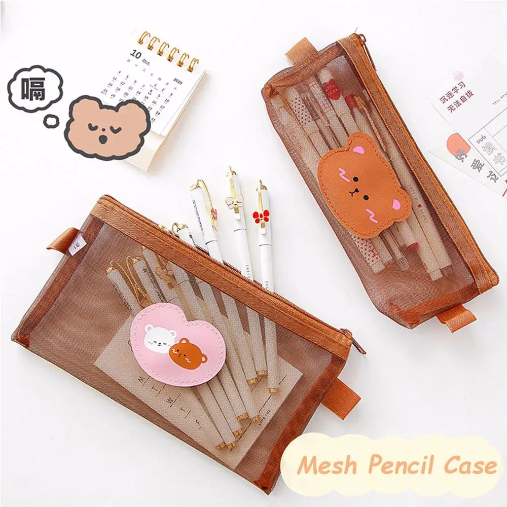 Cute Pen Bag Large Capacity Stationery School Supplies Mesh Pencil Case Bear Bags Kawaii Storage | Канцтовары для офиса и дома