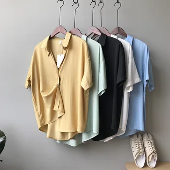

2020 Summer Women Short Sleeve Blouse Loose Casual Streetwear Button Korean Style Cardigan Vintage Basic Female Tops