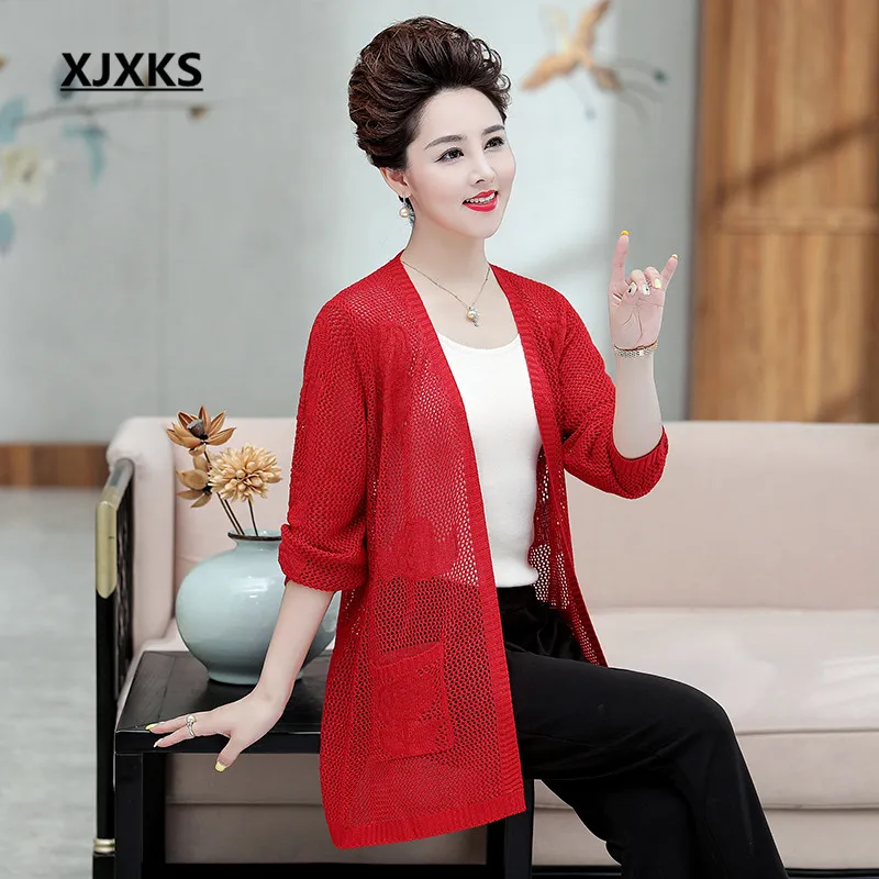 XJXKS Women long cardigan autumn new loose plus size comfortable wool knitted cardigan fashion hollow women sweater