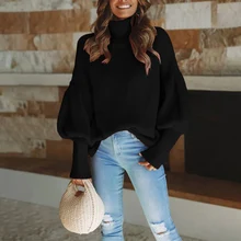 Autumn New Women Sweater Casual Loose Turtleneck Knitted Jumpers Lantern Sleeve Jumper Female Sweater