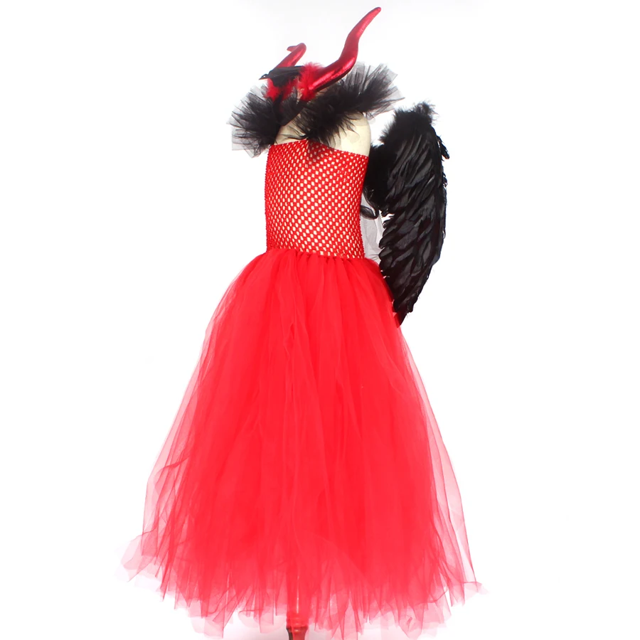 Red Devil Halloween Girls Gown Tutu Dress Costume Kids Crimson Demoness Dress with Horns and Wings Cosplay Party Witch Clothing (4)