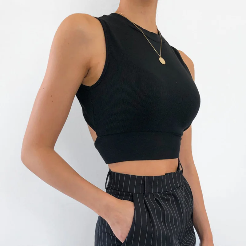 

Tank Top Women Sexy Knitted Camisole Tops Streetwear Round Neck Backless Tie Waist Bodycon Exposed Navel Crop Top Tank Tops