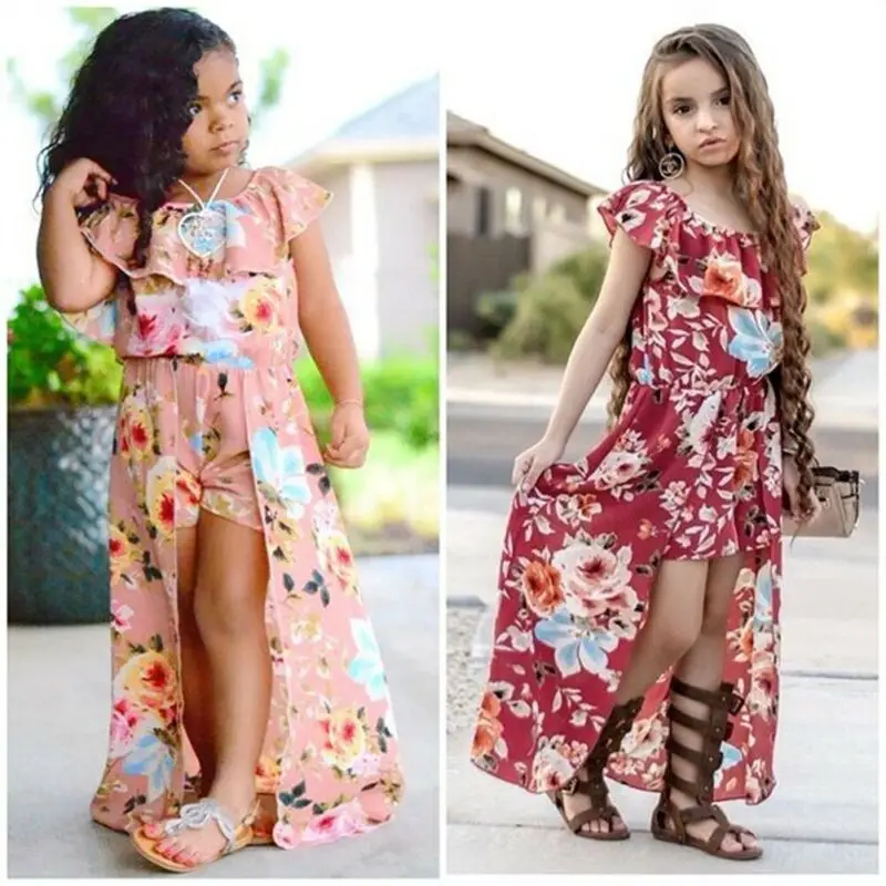 Boho/Летний Детский комбинезон с цветочным рисунком для девочек, платье оборки, открытые плечи, комбинезон для девочек, одежда для девочек, комбинезон с цветком Hi
