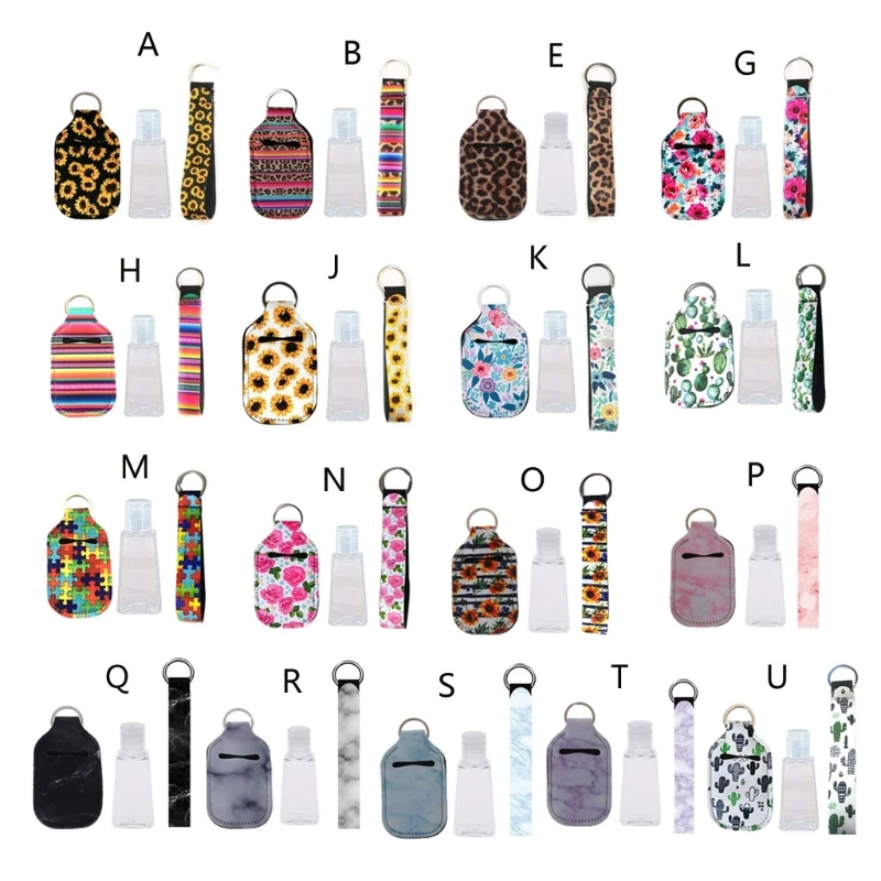 Garrafas vazias recarregáveis portáteis do curso de 1 oz com conjunto do suporte do chaveiro wristlet chaveiro garrafa recipiente com tampas da aleta