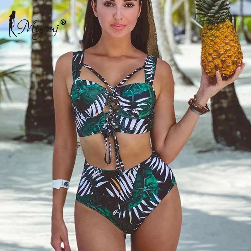 

High Waist Bikini Push Up Swimsuit Hollow Out Biquini Cross String Swimwear Leaves Print Bikini Set Bathing Suit Women Bikinis