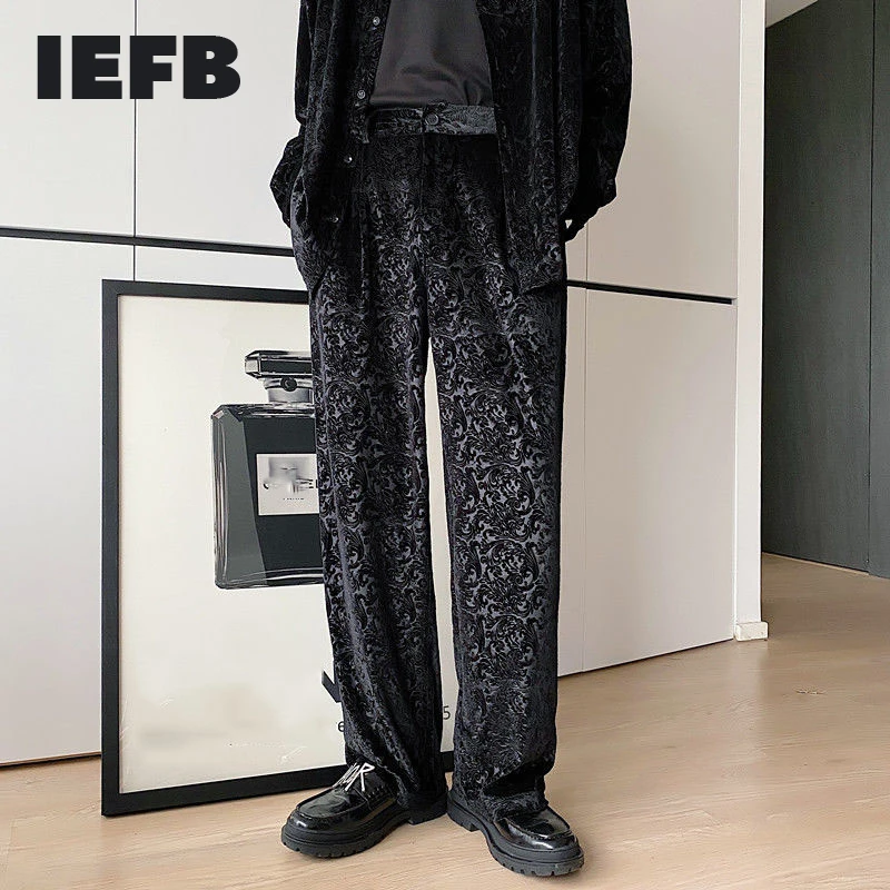 Casual-Pants Velvet Leg-Trousers IEFB Black with Pockets Loose Wide 9Y4680 Embossed Trend