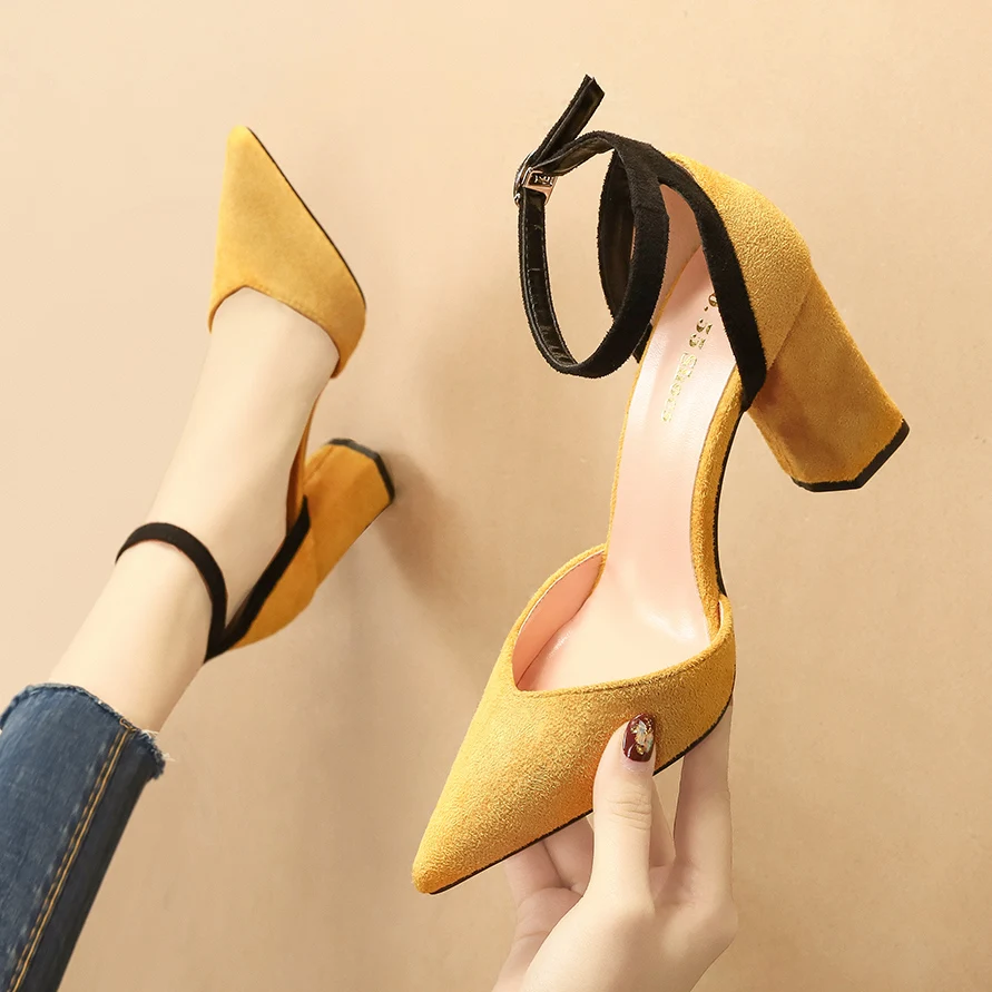 

2020 Women Summer 8cm Block High Heels Sandals Lady Flock Yellow Pointed Toe Pumps Female Footwear Buckle Sandals