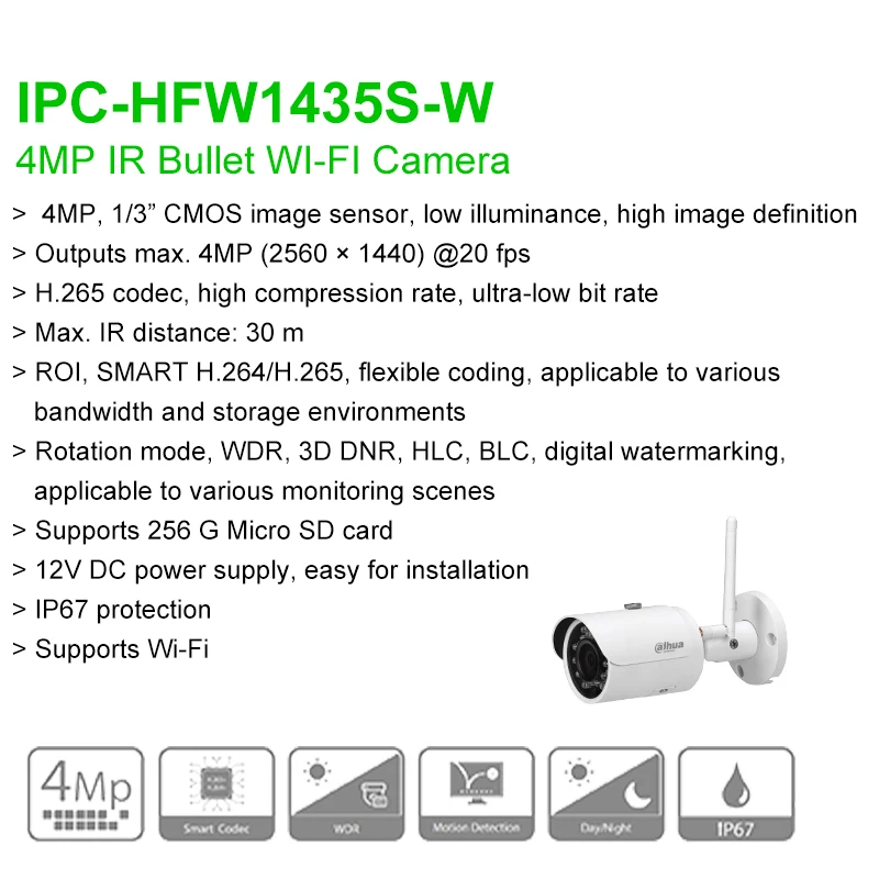 Dahua Wifi IP Camera IPC-HFW1435S-W 4MP Network cctv Bullet cam Support H.265 IR 30m IP67 IK10 SD card Waterproof ONVIF P2P