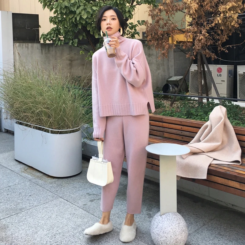 Online Casual Sweater Pants Knitted 2 piezas Set Pullovers de cuello alto y pantalones elásticos de cintura mujeres Sweater Sets 2019 otoño Knitted Set