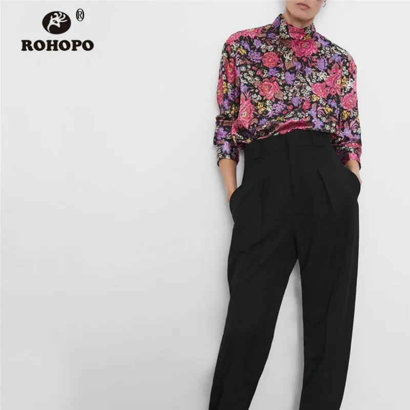

ROHOPO Lantern Long Sleeve Floral Blouse High Collar Back Split Neck Pollover Vintage Printed Baggy Tops Blusa Shirt #6538