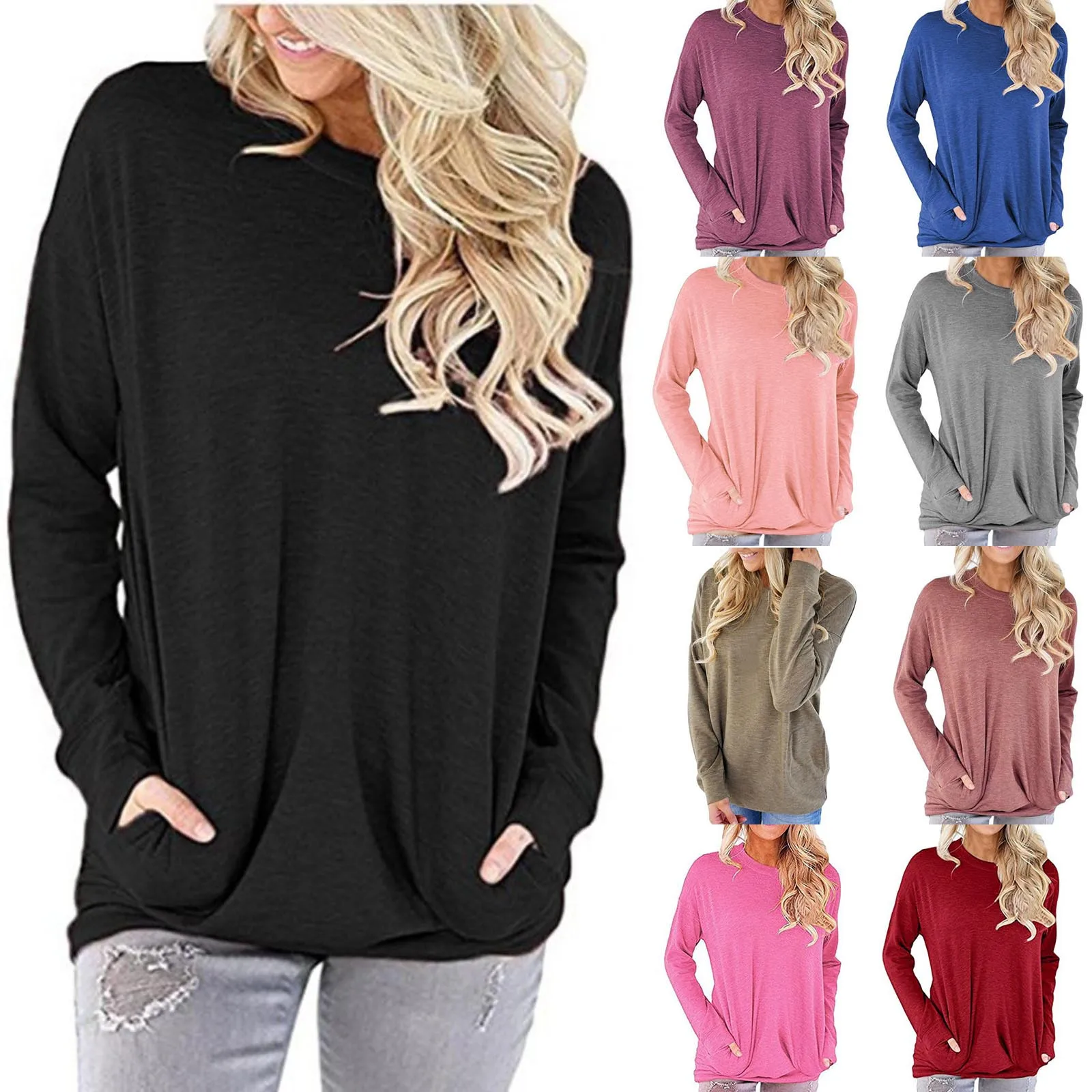 Fashion Woman O-Neck Long Sleeve T Shirt Fall Solid Pocket Loose T-Shirt Tops Tees Harajuku Women Clothing camisetas de mujer 1