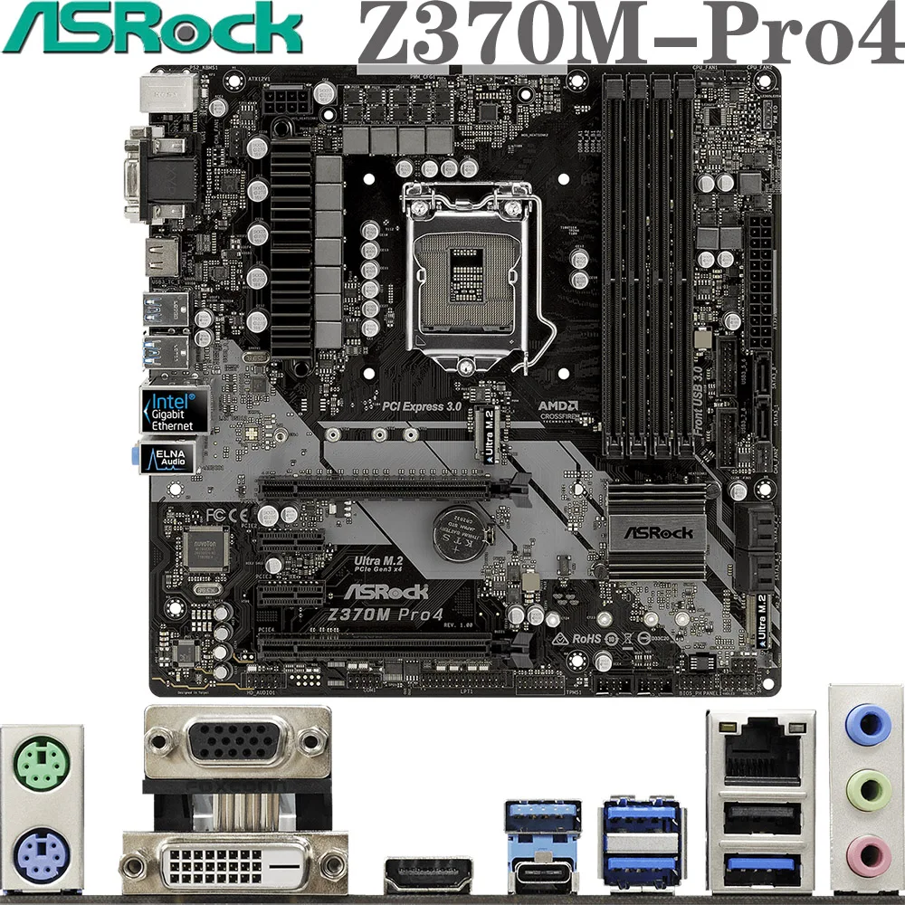 

ASRock Z370M-Pro4 For LGA-1151 Intel 8/9Th HDMI DVI M.2*2 USB3.1 DDR4 ECC UDIMM 64GB Type LGA1151 Z370 Micro-ATX PC Motherboard