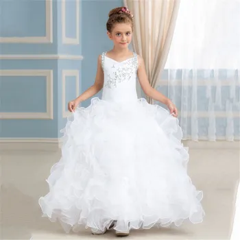 

New White Puffy Lace Flower Girl Dresses for Weddings Cascading Sleeveless Ball Gown Girl Party Holy Communion Pageant Dresses