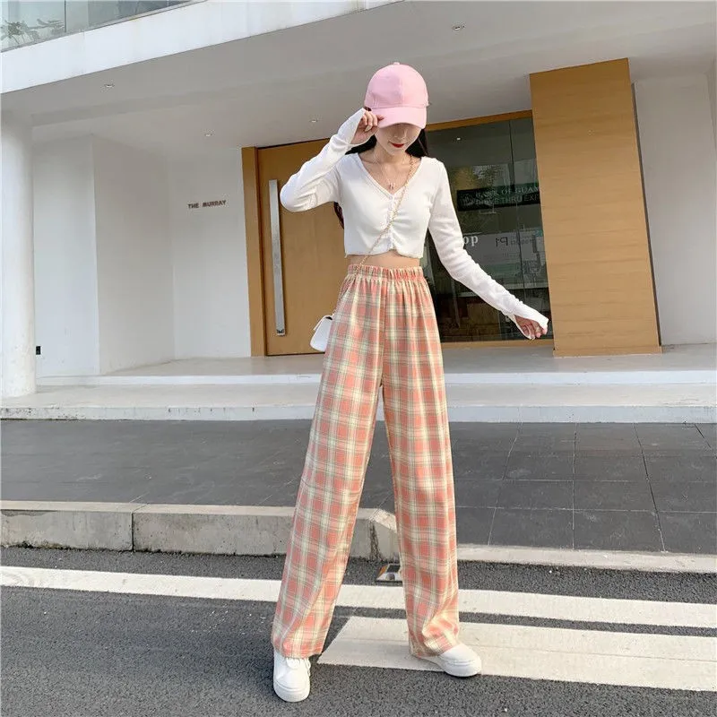 Vintage Plaid Women Pants High Waist Wide Leg Straight Pant Loose Casual Female Trousers Wide Leg Pant Fashion Streetwear baggy jeans