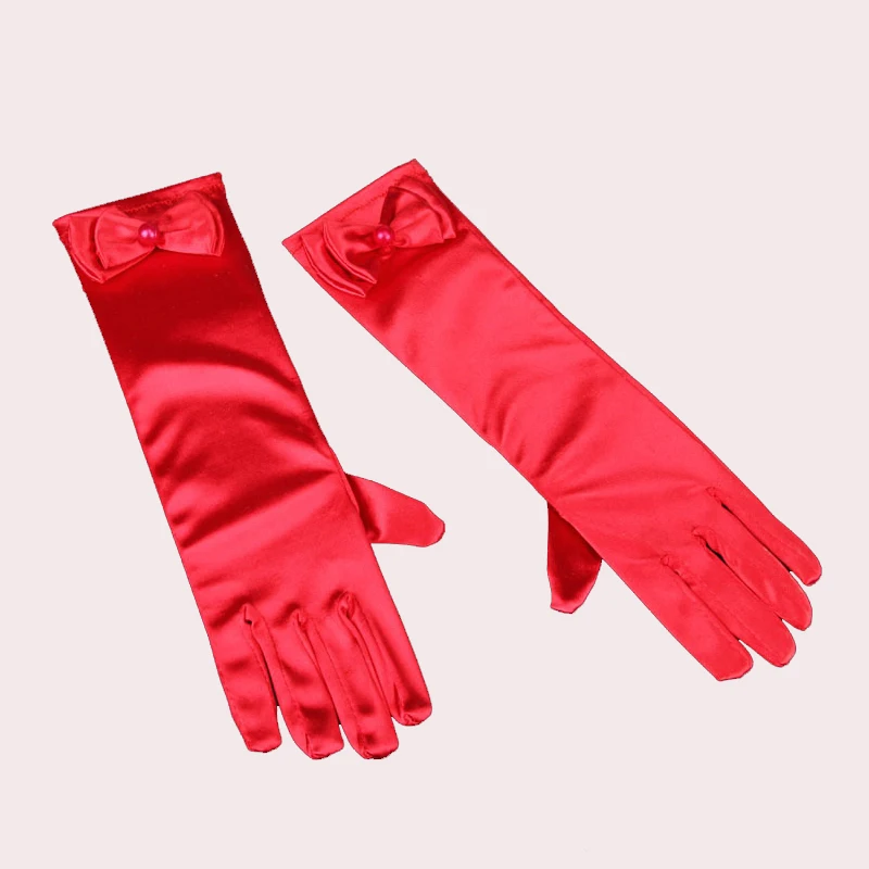 Модные Длинные атласные перчатки для детей, перчатки для свадебной вечеринки с цветком, свадебные перчатки для девочек, атласные - Цвет: Красный