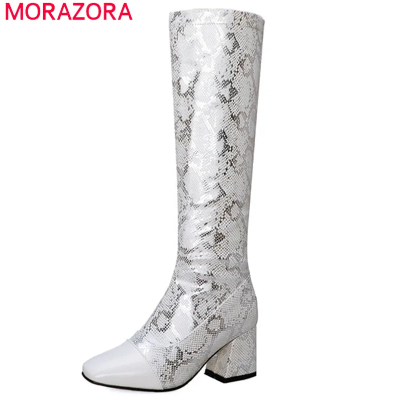 MORAZORA/; горячая распродажа; осенне-зимние сапоги до колена; женские сапоги на высоком каблуке с квадратным носком и молнией из змеиной кожи; модная женская обувь под вечернее платье