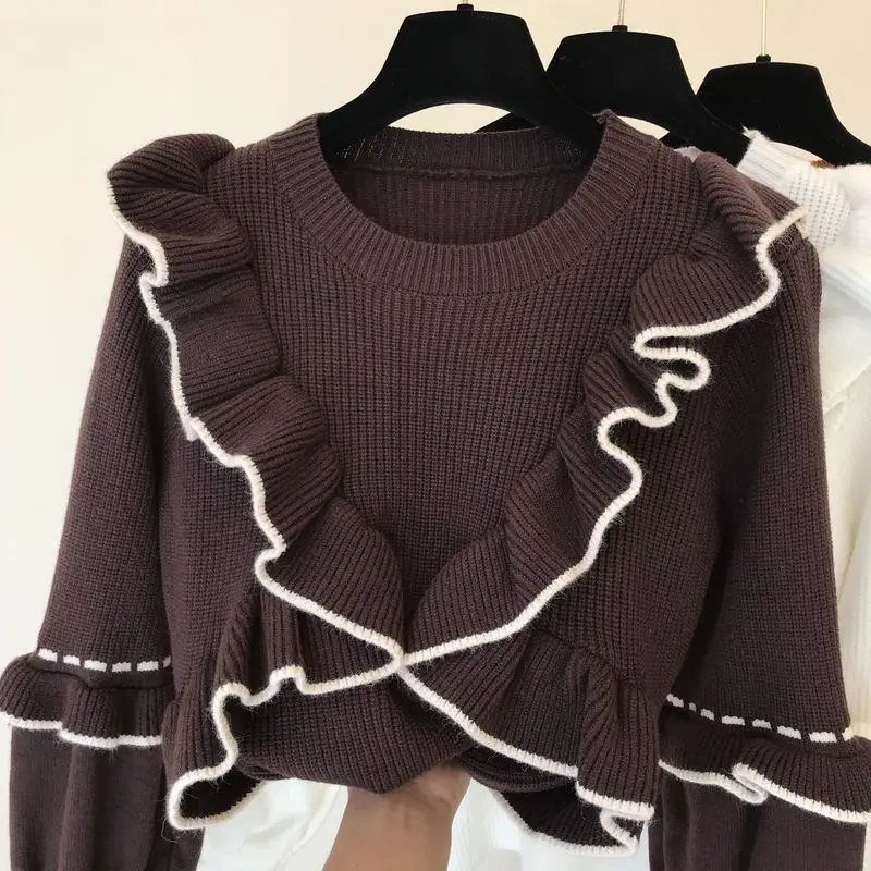 ALPHALMODA, милый свитер с оборками, женский зимний теплый стильный топ с оборками