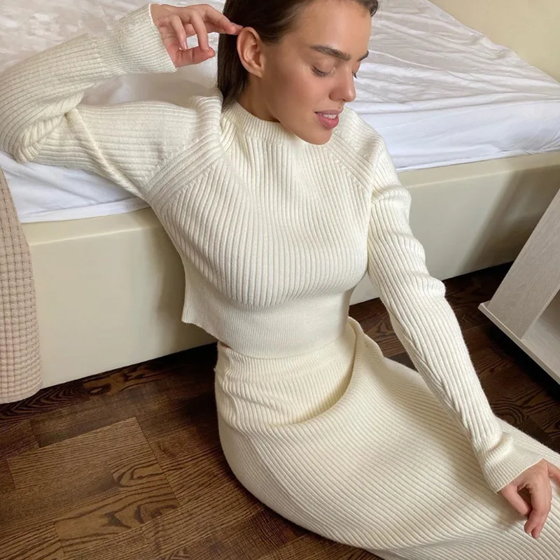 Autumn Winter Knitted Sweater Dress Women Long Sleeve O-Neck Elastic Slim Dresses Fashion Casual Ribbed Femme Robe One Set 2020