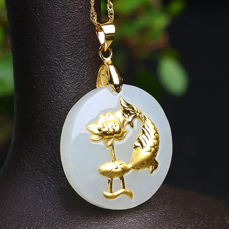 

Hetian Jade Safety Button Pendant Jade Ping An Kou Necklace Lovers Lucky Amulet 24K Gold Jewelry Wholesale Chinese Fine Jewelry