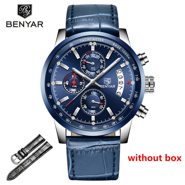 Новинка BENYAR Топ люксовый бренд мужские модные синие часы Мужские Бизнес Кварцевые хронограф кожаные Наручные часы Relogio Masculino - Цвет: blue