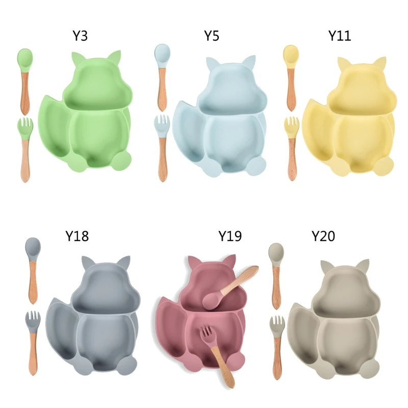

Nordic BPA Free Silicone Non-slip Squirrel Shape Sucker Training Plate Bowl Baby Shower Gift Fork Spoon Feeding Set