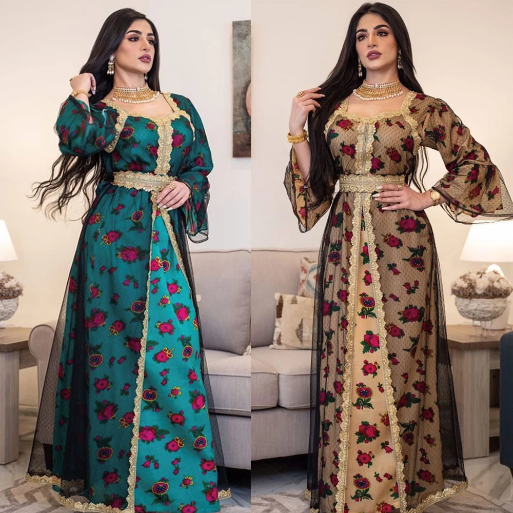 

Elegant Evening Dresses Saudi Arabia Pretty Flower Printed Lace Patchwork Long Dress Women Middle East Ethnic Vintage Party Gown