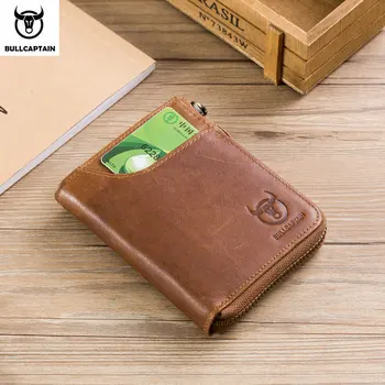 

BULLCAPTIAN leather Rfid wallet men's zipper wallet wallet wallet short coin holder retro style