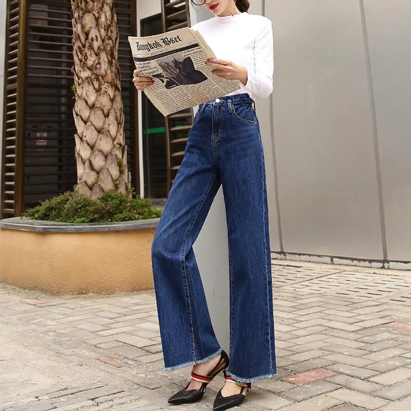 

NORMOV 2019 Women Autumn Loose Straight Jeans High Waist Zipper Loose High Street Pockets Plus Size Full Length Wide Leg Jeans