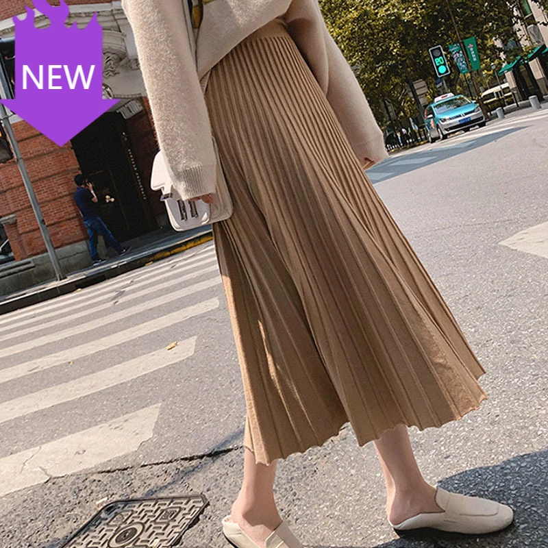 Faldas plisadas de punto con corte en A mujer, falda larga de punto nervaduras, clásico, gris, Beige, Retro, para otoño|Faldas| -