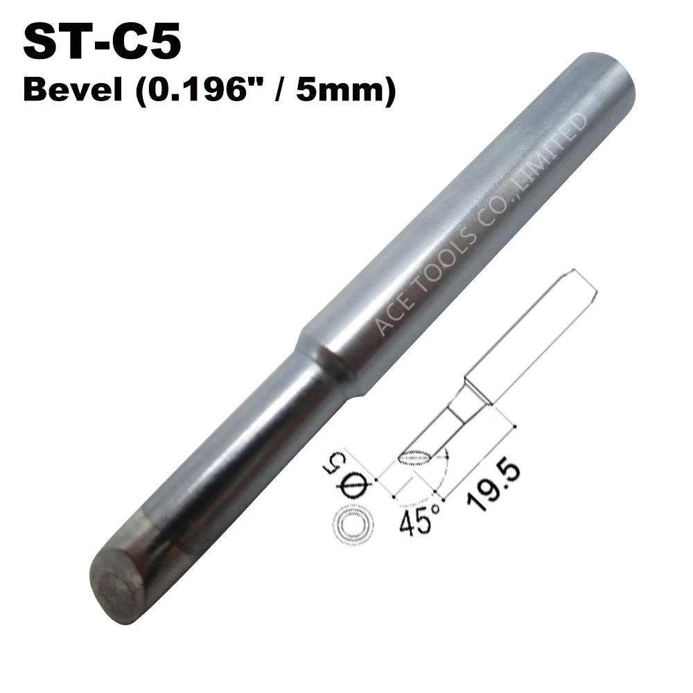 

ST-C5 Replacement Soldering Tips Bevel 5mm 0.196" Fit WELLER SP40L SP40N SPG40 WP25 WP30 WP35 WLC100 Handle Iron