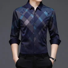 Chemise de luxe à manches longues pour hommes, rhombique, à la mode, Business, automne, nouveau modèle, élasticité, Slim Fit