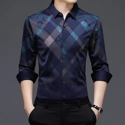 Manga camisas de moda rhombic primavera longo dos homens de negócios outono novo padrão de trabalho camisa de luxo elasticidade masculina ajuste fino