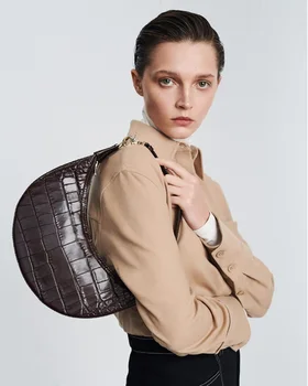 

Fashion Woman Solid Color Crocodile Pattern Saddle Dumplings Package Simple Ladies Half Month Shoulder Bag Handbag Messenger Bag