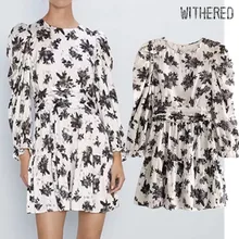 Увядшая Англия Элегантный цветочный принт оборками плиссированные с пышными рукавами вечернее платье для женщин vestidos de fiesta de noche vestidos блейзер